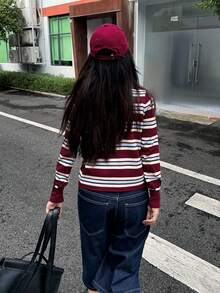 Top holgado de punto de manga larga con diseño de botones y cuello polo, de estilo casual urbano Y2K con rayas en contraste, para mujer - Multicolor - Ver 3