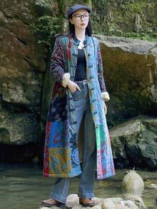 LUZU JUNU Women's Trench Coat Floral Print Long Cotton Linen Jacke Cottagecore Clothing Patchwork Outwear Bohemian Unique - 藍色毛絨襯裡 - 查看 4