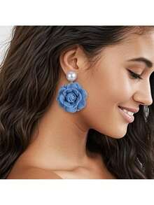 Denim Fabric Rose Flower Three-Dimensional Camellia Handmade Flower Pearl Stud Earrings Women Jewelry - 花苞#EZ5584-B - 查看 3