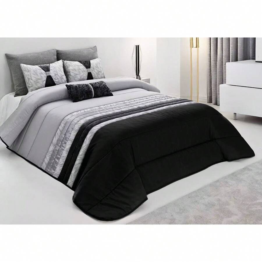 Colcha decorativa, con tres cojines relleno incluido,edredones cama edredon bouti calidad superior,Cómodo y duradero vale para Cama135/150cm Tamaño 250x260cm - negro y gris - Ver 1