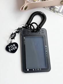 1pc Solid Color Minimalist Fun Ins Style PS Plastic Card Cover Portable Black Card Holder With Heart Keychain Women's Suitable For Daily Bus Card Protection Cover ID Badge Holder Card Storage Cover - Black - View 13