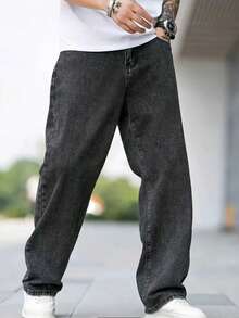 Men's Traditional Jeans, Straight, Loose, Top Quality, All Loose, Button, Zipper, Pocket - Xám đậm - Xem 1