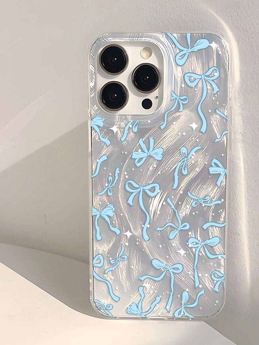 1 件少女粉色蝴蝶结和波尔卡圆点图案穿孔羽毛软手机壳,适合 11/12/13/14/15/16 Pro Max - 彩色 - 查看 1