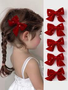 5 Stücke/Set Mädchen Kinder Stoff Schleifen Haarspangen, Haarklammern mit Strass, elegante Haaraccessoires für den täglichen Gebrauch, Weihnachten, Valentinstag