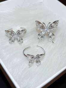 3入組液態金屬蝴蝶套裝,可調節開口戒指時尚珠寶,無色魅力個性化戒指手工裝飾高端輕奢珠寶配飾女孩禮物 - 銀色 - 查看 6