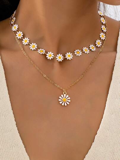 Set de 2 collares con estilo de campo con gota de aceite y margarita, adecuado para atuendos casuales de mujer