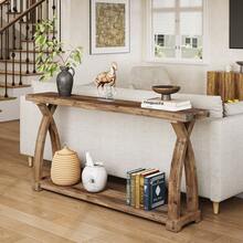 LITTLE TREE Console Table Sofa Table For Entryway, 63-Inch Long Solid Wood Farmhouse Couch Table Behind Sofa With 2-Tier Storage Shelf For Living Room, Foyer, Hallway - 棕色 - 查看 3