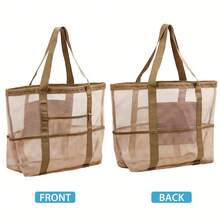 Women's Large Capacity Beach Tote - Heavy-Duty Polyester Beach Bag With Multiple Compartments, Spacious Interior For Beach, Travel, Shopping, Picnics - Khaki Tote, Suitable For Everyday And Special Occasions - Lightweight And Sturdy Design, Beach Bag Accessory, Travel Tote, Quilted Texture, Sturdy Handle Construction - 卡其色 - 查看 3