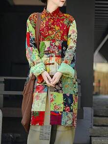 LUZU JUNU Women's Trench Coat Floral Print Long Cotton Linen Jacke Cottagecore Clothing Patchwork Outwear Bohemian Unique - 綠夾克 - 查看 4