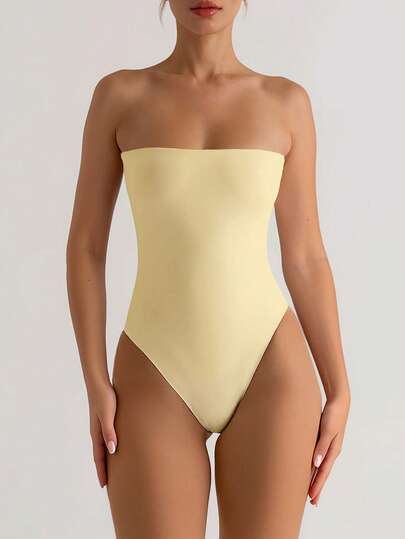 XLLAIS Summer White High Elasticity Double-Layer Fabric Bandeau Bodysuit, Casual Daily Minimalist Resort Style For Women