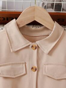 女童优雅翻领长袖网眼蝴蝶结连衣裙+腰带，适合春秋季 - 卡其色 - 查看 4