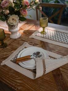 Tokoto 1PC Bohemian Style Linen Woven Table Runner, Farmhouse Country Woven With Tassels Table Runner, Suitable For Dining, Wedding, Bridal Shower - Multicolor - View 10