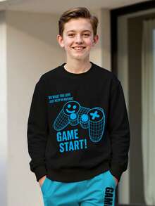 2pcs/Set Older Boys' Casual Gaming Controller Print Long Sleeve Sweatshirt And Pants Suit, Street Fashion Warm Outfit For Spring, Autumn & Winter - Blue - View 4