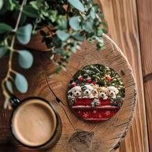 6 pièces/set ou 420 pièces/70 sets Chiens de Noël assis dans un camion rouge, motif sapin de Noël et flocons de neige, dessous-de-verre ronds en caoutchouc absorbant de 10 cm/2 mm d'épaisseur avec fond en caoutchouc souple, dessous-de-verre décoratifs convenant pour les tasses, la décoration de la cuisine et de la table de salle à manger