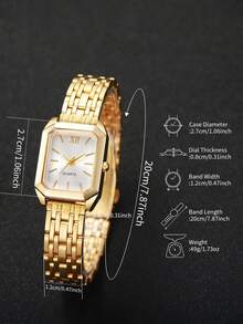 1pc Women's Fashion Square Roman Numeral Dial Quartz Wrist Watch, Classic & Elegant - Gold - View 3