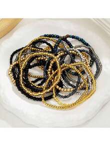 30 件多层玻璃珠弹性腕带 - 可调节，黑色，弹性波西米亚种子珠手链，适合女性日常佩戴和送礼 - 黑色 - 查看 2