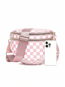 Classic Checkered Design Crossbody Bag–Matches Diverse Styles For Outings, Commutes & Leisure Time  Ample Space For Daily Errands, Casual Outings & Travel Adventures - Kẻ sọc hồng và trắng - Xem 2