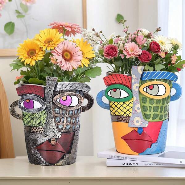1pc A Colorful Artistic Abstract Resin Flowerpot With Facial Head Shape, Balcony Succulent Green Plant Flowerpot Decoration Home Decor Vase Room Decor Flower Vase Glass Vase