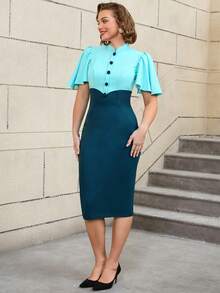 AOMEI Women's Button Design Elegant Contrast Color Ruffle Sleeve Bodycon Dress - Blue - View 1