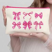 1/5/10/20pcs Cute Bow Pattern Canvas Zipper Bags Set, Y2K Style Bow Decor Jewelry Organizer Bags, Travel Cosmetic Bag, Pencil Case, Party Gift Bag Set, Toiletry Bag, Multipurpose Organizer Pouch Autumn University Essentials Travel Essentials For Holiday Vacation Travel Bag For Women Makeup Bag Makeup Organizer Make Up Bag - Beige - View 8