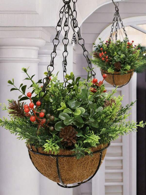 1pc Artificial Pine Branches Eucalyptus Spiny Pine Cedar With Red Fruit Hanging Basket,Simulation Boxwood Milan Pine Fruit Berry Pine Boughs Hanging Baskets Flower Basket,Green,Red,Wholesale,PE Material,Simulation Plants,Outdoor Party Events Holiday Birthday Wedding Party Decoration,Patio Doorway Home Dining Room Living Room Bedroom Garden Decoration,Christmas Decoration