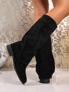 女士褶皱翻边靴 时尚奢华尖头中筒坡跟靴 朋克风套脚宽筒靴 及膝靴 适合秋季、冬季、派对穿着 - 黑色 - 查看 7