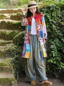 LUZU JUNU Women's Trench Coat Floral Print Long Cotton Linen Jacke Cottagecore Clothing Patchwork Outwear Bohemian Unique - 復古灰色夾克 - 查看 8