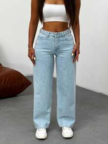 Kadın Koyu Mavi Soluk Efekt Likralı Yüksek Bel Geniş Paça Bol,Salaş Palazzo Jeans - Teal Blue - View 2