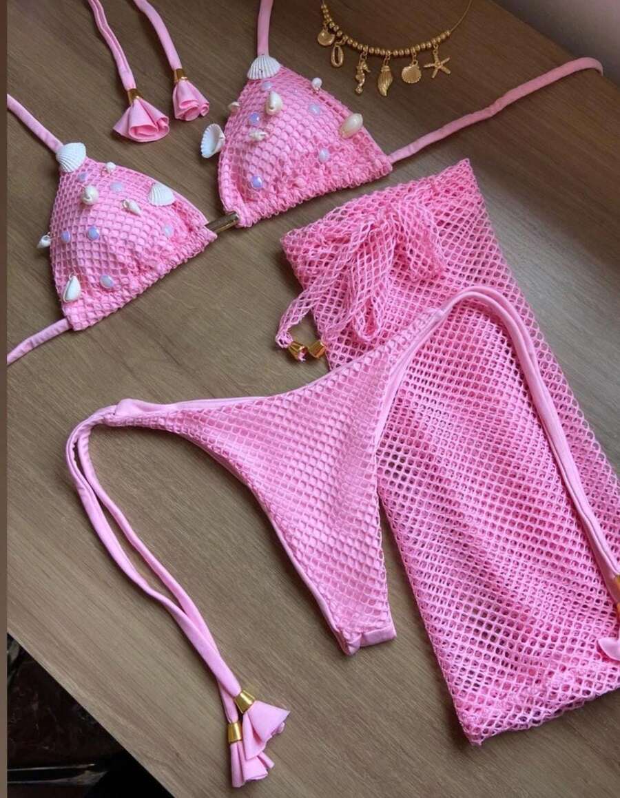 Women's Fishnet Tri-Set Bikini And Beach Cover-Up Exclusive Model With Baby Pink Shells, Butt Lifting - 淺粉色 - 查看 1
