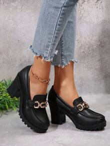 女士黑色厚底高跟乐福鞋，链条搭扣，一脚蹬厚底鞋 - 黑色(粗鏈條) - 查看 6