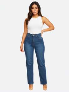 Jeans Rectos para Mujer de Excelente Calidad, Mezclilla Gruesa, Cintura Alta, Amolda Figura, Efecto Aumento de Pierna, Basico, Elegante, Casual. - Azul Marino - Ver 5