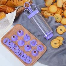 Molde tubular con forma de flor para galletas, 10 decoraciones con estampados florales, boquilla para pastel con recipiente transparente, ideal para hacer galletas (morado)