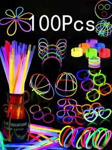 100支彩色荧光棒，可连续发光8-12小时，在黑暗中闪闪发光。可制作成手链、项链或霓虹灯装饰品，适用于派对、酒吧、夜总会、派对用品、生日礼物和推荐礼品。