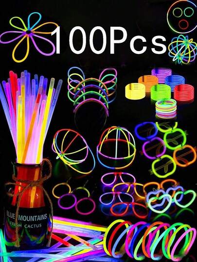 100支彩色荧光棒，可连续发光8-12小时，在黑暗中闪闪发光。可制作成手链、项链或霓虹灯装饰品，适用于派对、酒吧、夜总会、派对用品、生日礼物和推荐礼品。