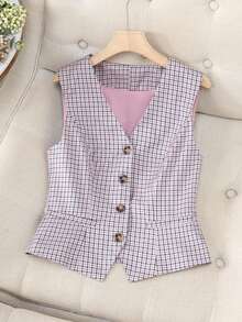 Women's Plaid Woven Fabric Front Button Pocket Casual Vest Jacket, Spring & Autumn - Purple - View 1