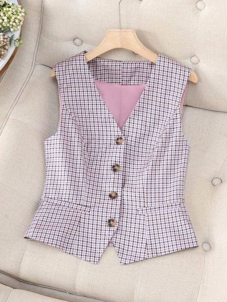 Women's Plaid Woven Fabric Front Button Pocket Casual Vest Jacket, Spring & Autumn - Purple - View 1