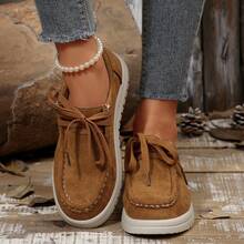 Retro Suede Thick Sole Lace-Up Women Casual Shoes, Lightweight Shock-Absorbing Fashionable For Daily Wear - 棕色 - 查看 3
