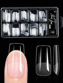 100 piezas de uñas acrílicas falsas en forma de almendra y ataúd, cortas y cuadradas, extensión de uñas artificiales con puntas de gel suave, accesorios y herramientas - transparente - Ver 2