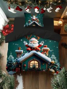 2/3 pcs Set Sprei Duvet Bermotif Pohon Natal, Kado, Kepingan Salju, Rusa, Santa Claus dengan Cetakan Digital, Lembut & Nyaman, Cocok Untuk Kamar Tidur, Kamar Tamu, Ruang Bermain, Hotel, Asrama - MultiWarna - View 4