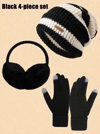4/1 Piece Of Loose Large-Head Woolen Hat, Windproof And Warm All-Match Knitted Hat, Pile Hat, Cold-Proof Earmuffs, And Knitted Touch-Screen Gloves. Autumn Decor