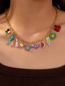 1pc New Elegant Design Seaside Resort Style Enamel Multi-Element Pendant Necklace For Women