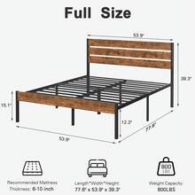 VECELO Queen Size Bed Frame With Wood Headboard, Metal Frame, Noise-Free Industrial Bed, Full & Twin Options, Platform Bed, Brown - 棕色 - 查看 11