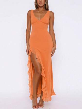European And American Style Women's Summer New Ruffle Hem Party Clubwear Dress, Versatile Evening Gown