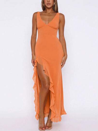 European And American Style Women's Summer New Ruffle Hem Party Clubwear Dress, Versatile Evening Gown