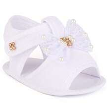 Sandália Infantil Bebê Menina Batizado Laço Renda Pérolas Strass Confortável Macia Elegante Festa - Branco - Visão 3