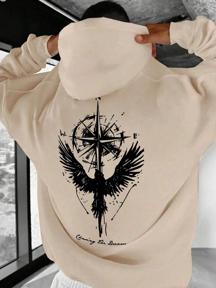 男士休闲时尚街头风连帽卫衣，饰有神秘罗盘和翅膀印花，宽松版型，保暖内衬，抽绳设计，适合秋冬季穿着。 - 杏色 - 查看 1