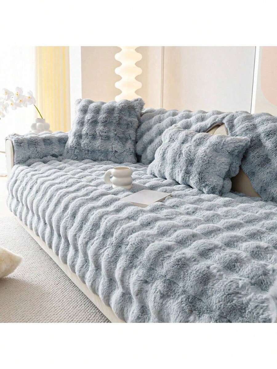 1pc Faux Rabbit Fur Sofa Cover, Warm & Thick Plush Pet Friendly Anti-Slip Sofa Protector For Bedroom, Office, Living Room, Home Decor