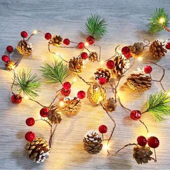 1 pieza Corona de piñas de Navidad con luces LED, decoración navideña de PVC, 199,95 cm, 20 LED, funciona con pilas (pilas no incluidas), adecuada para Año Nuevo, Navidad, oficina, habitación, boda, decoración del hogar