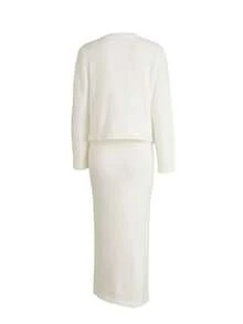 女士优雅休闲纯色两件套，时尚街头蓬松长袖单排扣开衫和裙子针织套装，秋冬 - 白色 - 查看 2