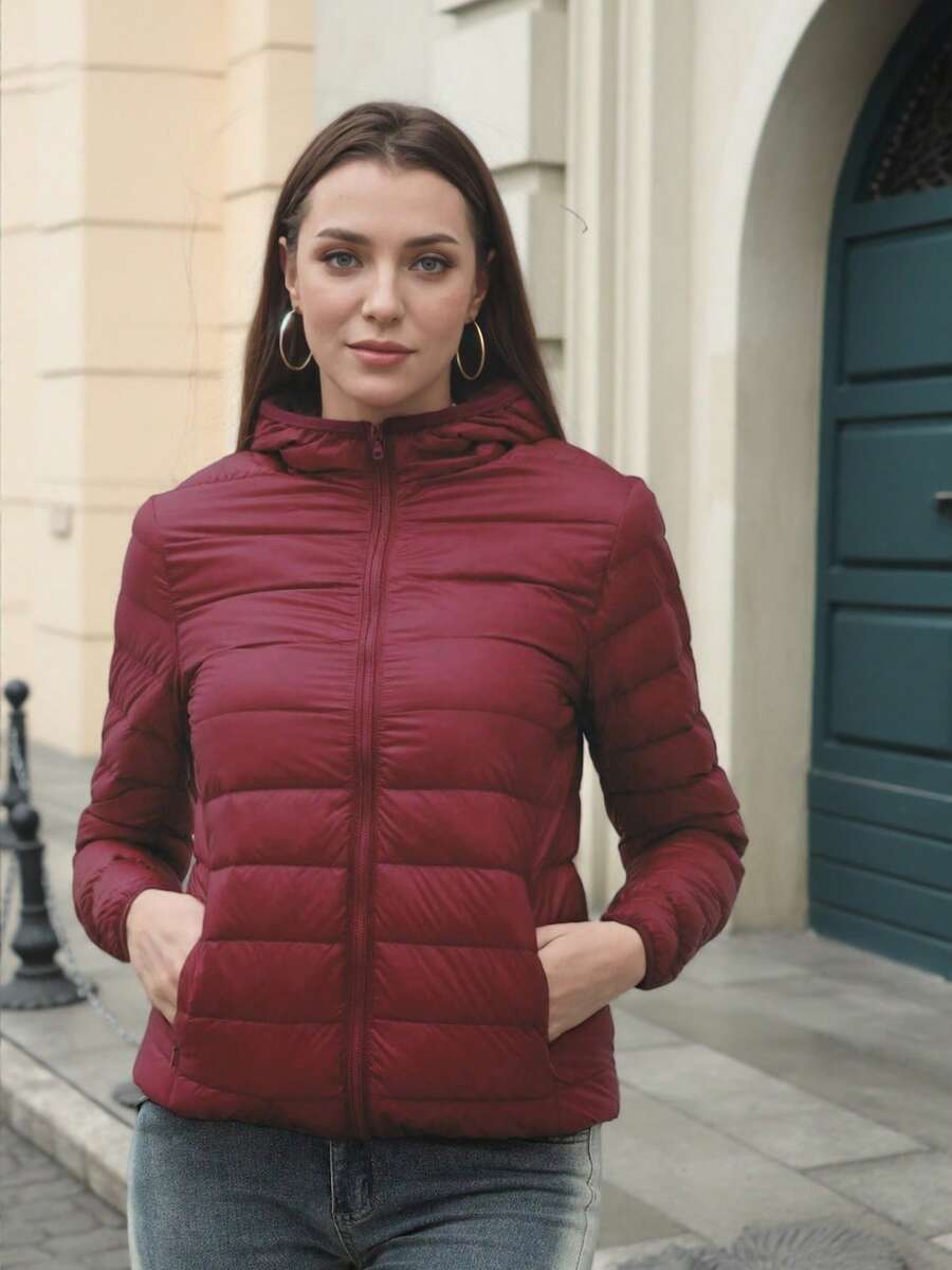 ZIAI Women Long Sleeve Hooded Down Coat Regular Length Warm Filled Jacket With Pockets And Zipper - Burgundy - View 1